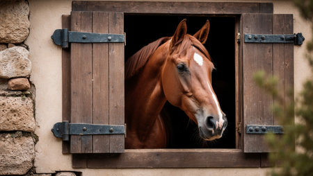 AI Generated. Brown horse looking curiously from stable windowの素材