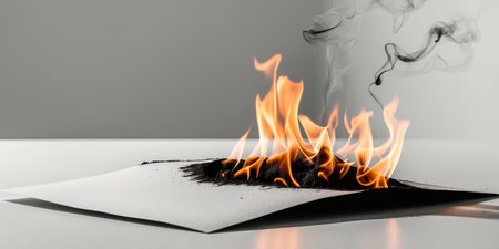 AI Generated. Burning Paper with Flames and Scorched Edges in a Fiery Sceneの素材
