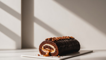 AI Generated. Chocolate roll cake with caramel and pecansの素材