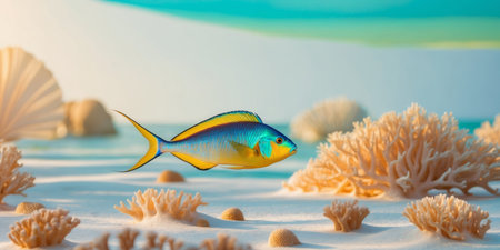 AI Generated. Colorful parrotfish swimming gracefully over vibrant coral reefs in warm tropical waters during a sunny afternoonの素材