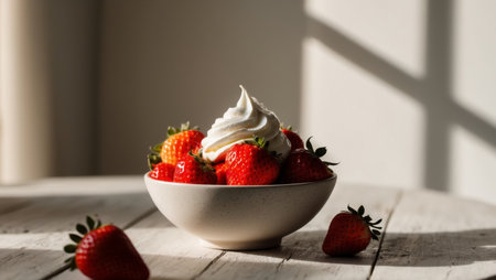 AI Generated. A bowl of strawberries and whipped cream on a tableの素材
