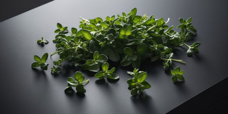 AI Generated. A bunch of green oregano leaves sit on a black surfaceの素材