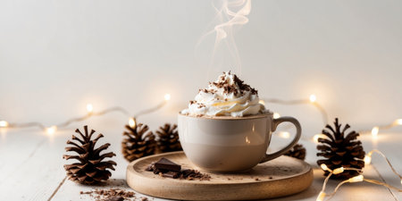 AI Generated. Cozy Cup of Hot Chocolate Topped with Whipped Cream and Chocolate Sprinkles Surrounded by Pine Cones and Holiday Lightsの素材