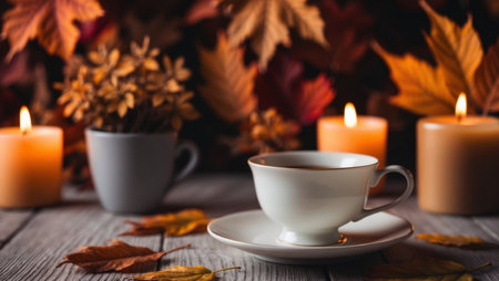 AI Generated. Cozy Coffee and Tea Setup with Autumn Leaves and Warm Candlelightの素材