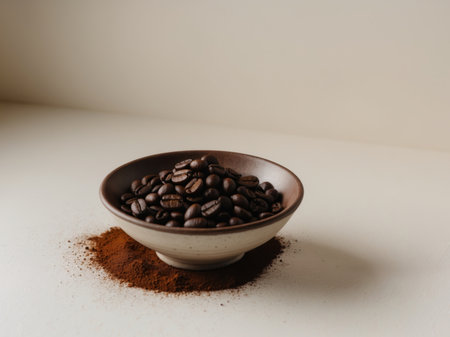 AI Generated. Bowl of Coffee Beans and Ground Coffee on a Light Backgroundの素材