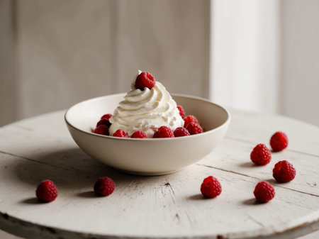 AI Generated. A bowl of whipped cream and raspberries on a tableの素材