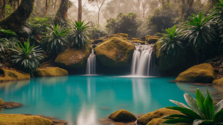 AI Generated. Captivating waterfall cascading into serene turquoise pool surrounded by lush greeneryの素材