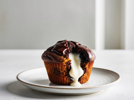 AI Generated. Chocolate chip muffin with cream filling and chocolate glaze on white plateの素材
