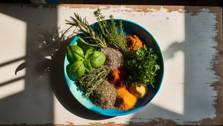 AI Generated. Colorful Bowl of Fresh Herbs and Spices on Wooden Surfaceの素材