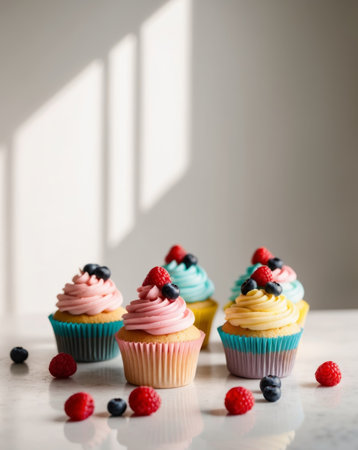 AI Generated. Colorful cupcakes with unique frosting and fresh berries create delightful treatの素材