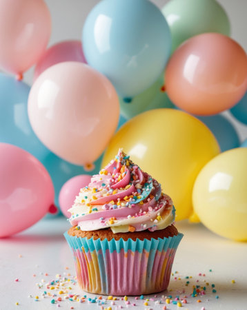 AI Generated. Colorful Cupcake with Sprinkles and Balloons Background Delightの素材