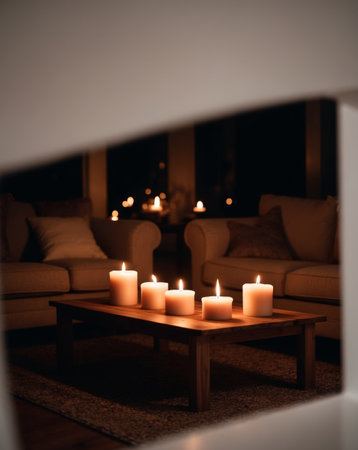 AI Generated. Cozy Living Room with Lit Candles at Nightの素材