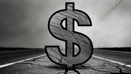 AI Generated. Cracked road with large dollar sign symbolizing economic distress and challengesの素材