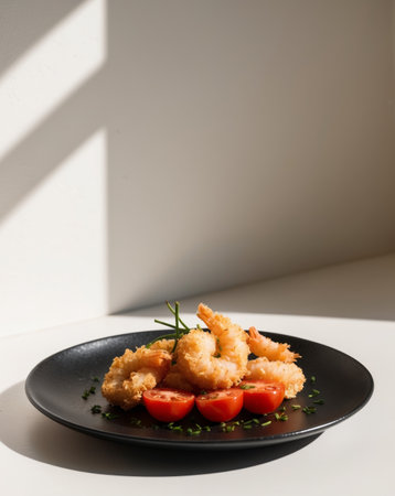 AI Generated. Crispy fried tempura shrimp with cherry tomatoes and chives on black plateの素材