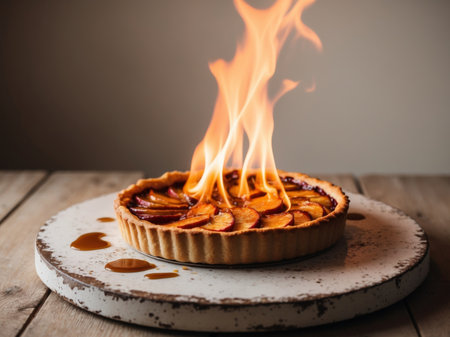 AI Generated. Delicious Apple Tart with Flames and Glazing on Rustic Wooden Boardの素材