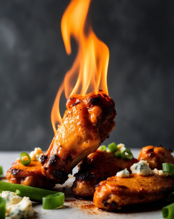AI Generated. Delicious Buffalo Wings with Flames and Fresh Ingredientsの素材