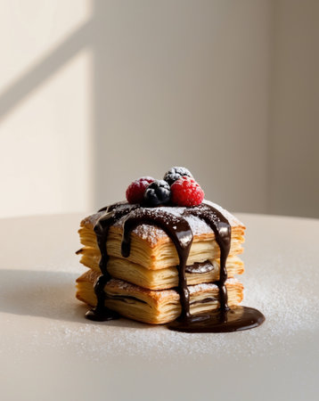 AI Generated. Delicious Chocolate Pastry with Flaky Layers and Sweet Toppingsの素材