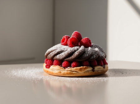 AI Generated. Delicious Chocolate Hazelnut Pastry with Raspberries and Powdered Sugarの素材