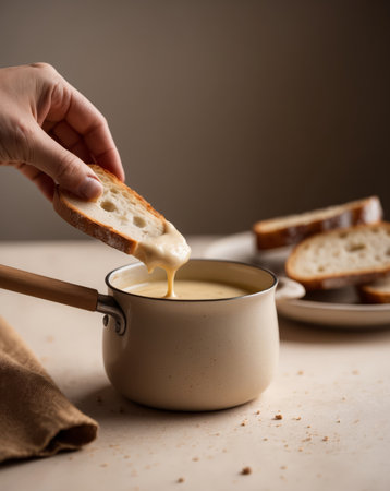 AI Generated. Delicious Fondue with Bread Dipping in Soft Focusの素材