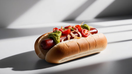 AI Generated. Delicious Hot Dog in Soft Bun with Toppingsの素材