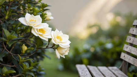 AI Generated. Gardenia blooms rest on shrub branches near garden benchesの素材