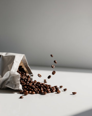 AI Generated. Freshly Opened Bag of Coffee Beans Spilling Outの素材