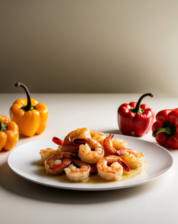 AI Generated. Garlic Butter Shrimp with Roasted Red and Yellow Peppersの素材