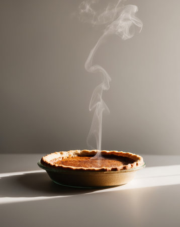 AI Generated. Golden brown pie with flaky crust and steam risingの素材