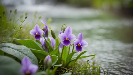 AI Generated. A cluster of purple water violets blooming near a quiet streamの素材