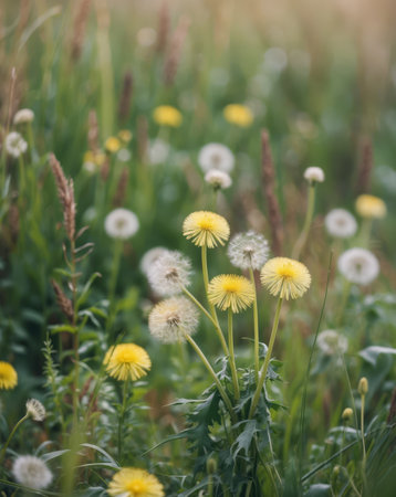 AI Generated. A cluster of dandelions growing in a lush green fieldの素材