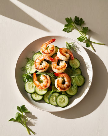 AI Generated. Grilled Shrimp and Cucumber Salad with Fresh Herbsの素材