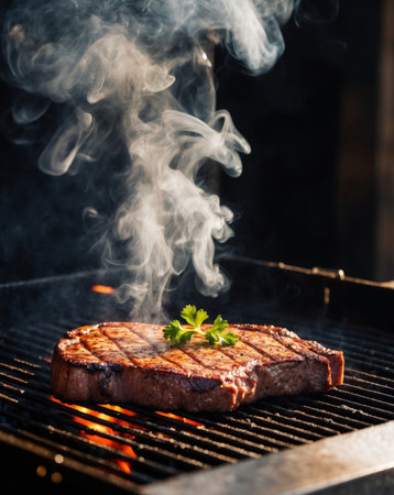 AI Generated. Grilled steak sizzling on a barbecue grill with smoke risingの素材