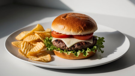 AI Generated. Homemade hamburger with crinkle cut chips on a white plateの素材