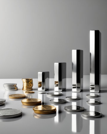 AI Generated. image depicts financial growth concept with coins and sparkling bars representing increasing valueの素材