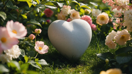 AI Generated. Heart of Stone Resting Gracefully Amidst Vibrant Blooms in a Serene Garden Settingの素材