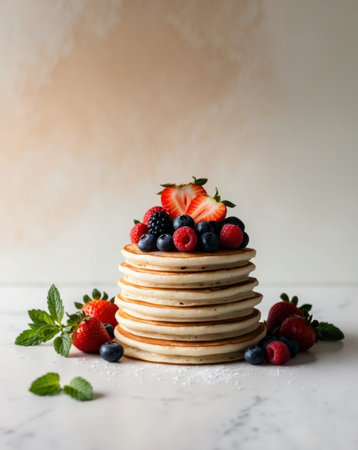 AI Generated. Elegant Savory Pancakes with Fresh Berries and Mintの素材