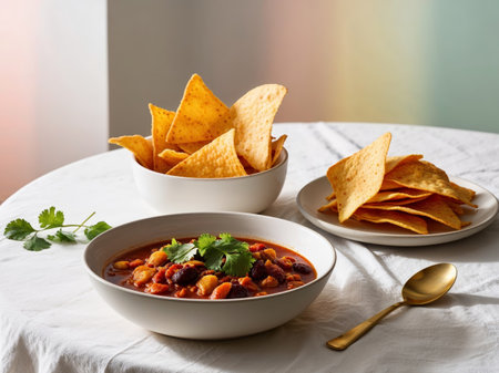 AI Generated. Bowl of homemade vegetarian chili with tortilla chips and fresh cilantro garnishの素材