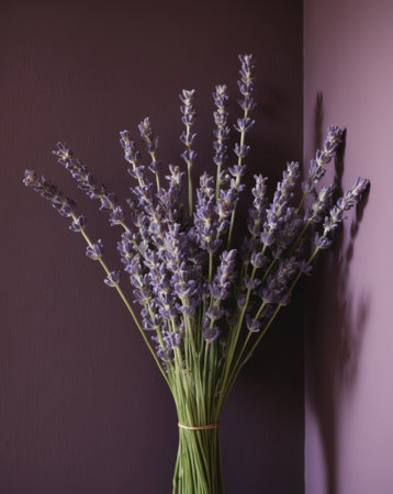 AI Generated. Lavender Flowers Bouquet on Purple wall Backgroundの素材