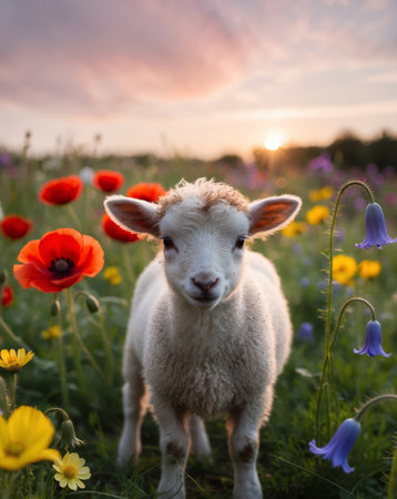 AI Generated. Little lamb in a meadow among flowers at sunsetの素材