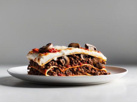 AI Generated. Mouthwatering lasagna with meat sauce and mushroomsの素材