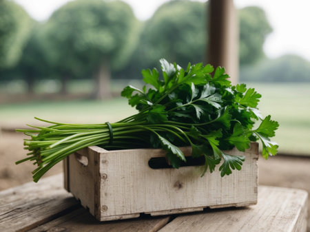 AI Generated. parsley fresh in wooden crate blurred plantation backgroundの素材