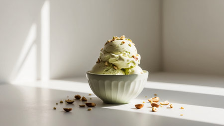 AI Generated. Pistachio Ice Cream Bowl with Nuts in Bright Natural Lightの素材