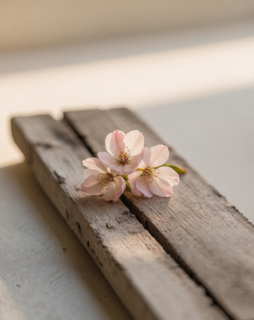 AI Generated. Pink blossoms rest on weathered wood in soft sunlightの素材