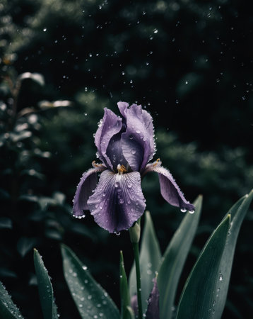 AI Generated. Purple Iris Flower with Water Drops in Dark Gardenの素材