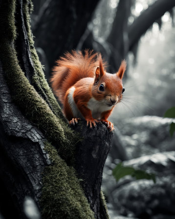 AI Generated. Red Squirrel Perched On Mossy Tree Trunk In Jungleの素材