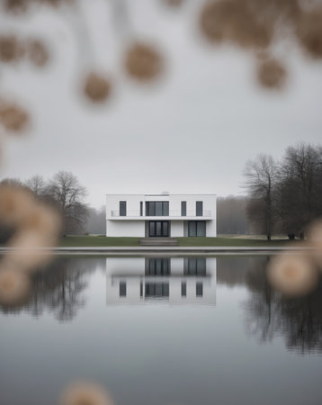 AI Generated. reflections a shot of a house with reflections in a nearby bodyの素材