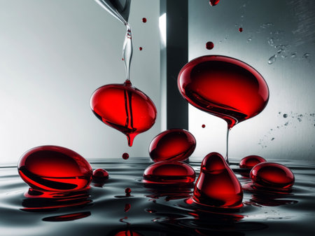 AI Generated. Red Translucent Oil Droplets in Dark Liquid Light Effect Science Backgroundの素材