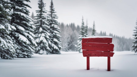 AI Generated. Red wooden sign in snowy landscape with evergreen treesの素材
