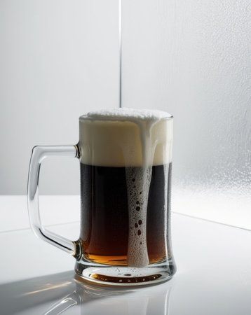 AI Generated. Refreshing cold beer mug with foam on clear backgroundの素材