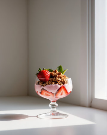 AI Generated. Refreshing Strawberry Glass Dessert with Granolaの素材